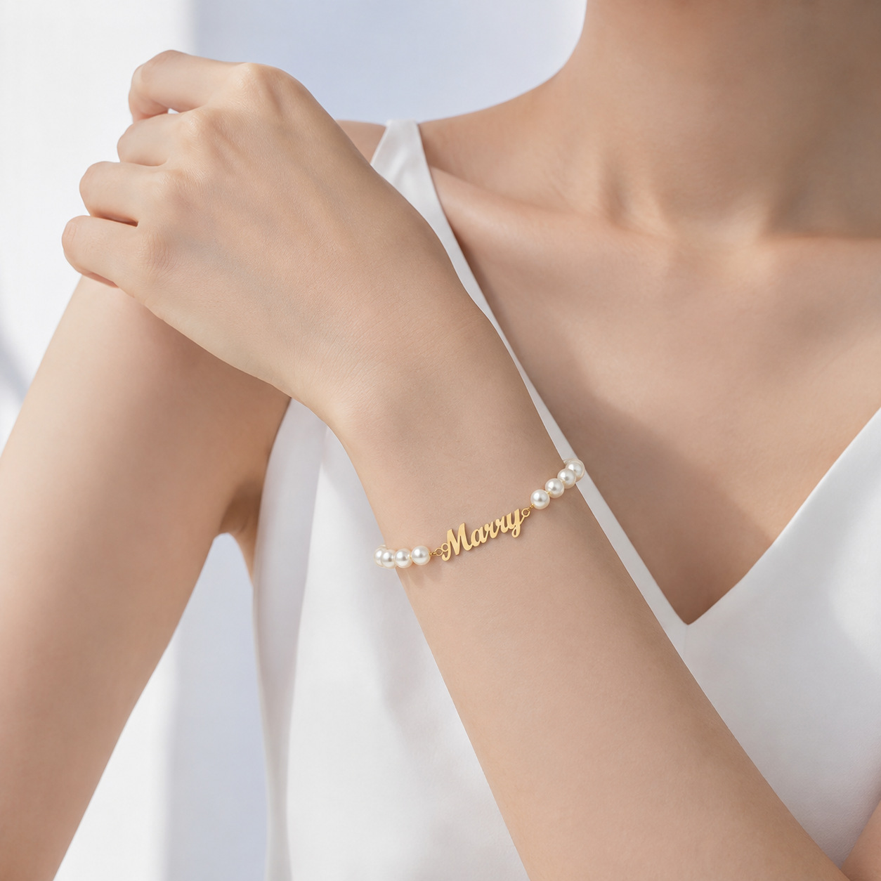 Vintage Fashion Names - Personalized Marry Bracelet Pearl Initial Letter