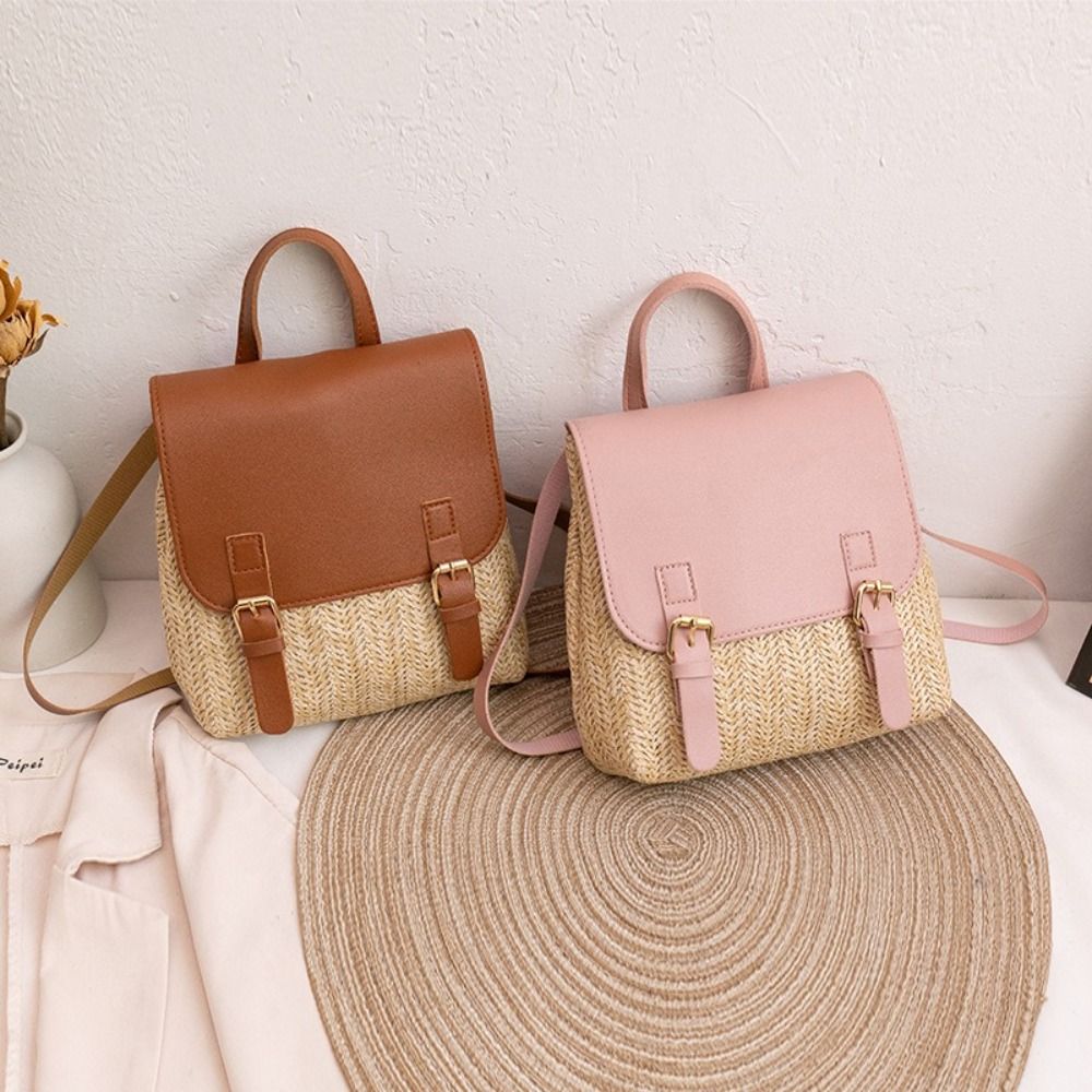 Fashion PU Leather Straw Backp - Vintage Fashion Look ulasan dan harga